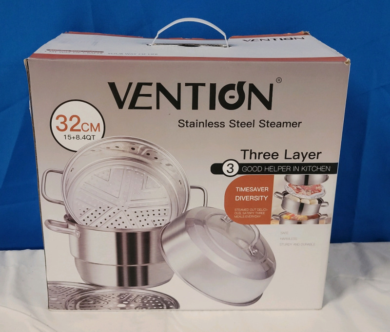 New - Vention Three Layer Stainless Steel Steamer , 15 + 8.4qt