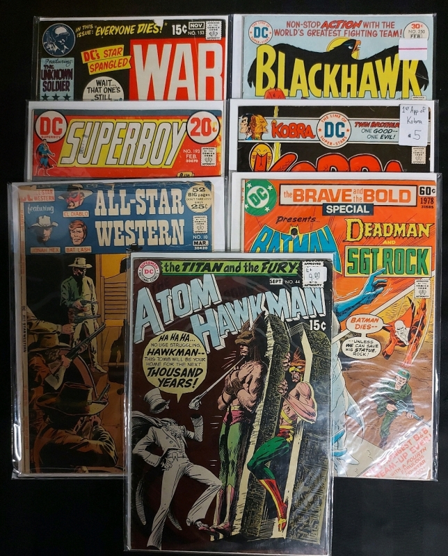 7 Vintage DC Comics Atom Hawkman, Kobra, Blackhawk, Superboy, WAR, All-Star Western And Batman Great Pre Owned Condition