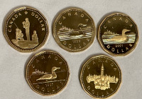 Canada 1987, 1992, 1995, 1996 & 2001 Uncirculated Dollar Coin Set of 5 Loose