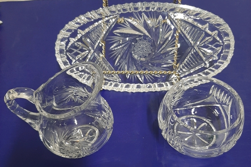 Vintage Pinwheel Crystal Creamer, Sugar & Tray