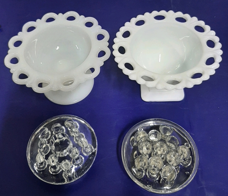 2 Vintage White Milk Glass Compotes With Lace Edge 3.25" Tall & 2 Flower Frogs