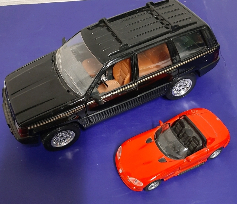 Vintage 90s Majorette, Jeep Grand Cherokee Limited 4x4, Black Diecast Scale 1/18, Made in USA & Dodge Viper SRT-10, Red 1:39 by Maisto Die Cast