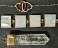 Vintage Crystal Pendant (2"), Abalone Shell and Silver Tone Toggle Bracelet (8") & Rose Gold Tone + Silver Tone Dual Hearts Necklace (21")