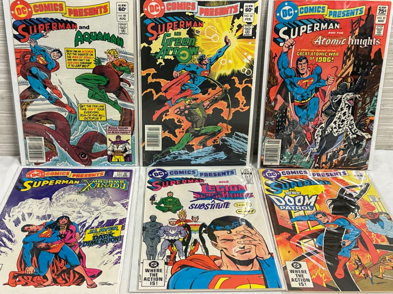 6 DC Comics Presents Superman And The New Doom Patrol #52 / Legion of Substitute Heroes #59 / Madame Xanadu #65 / Atomic Knight #57 / Green Arrow #54 / Aquaman #48 Vintage Bagged and Boarded