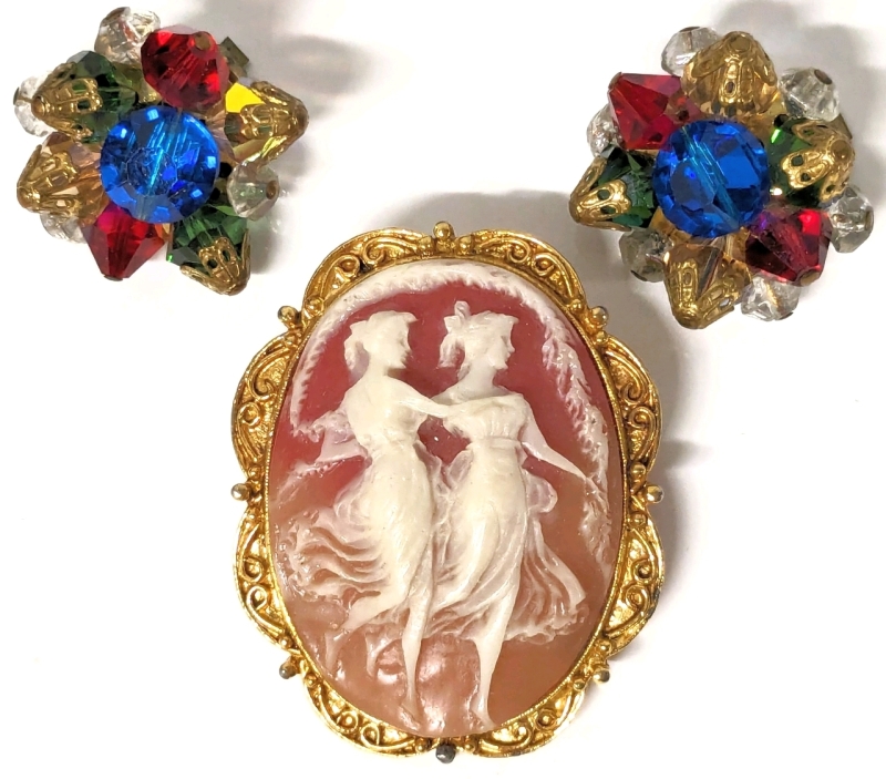 Vintage Real Shell Cameo Brooch w Dancing Girls (1.75" Long) & Vintage Colorful Clip-On Earrings (1")