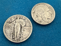 Silver 1925 US Quarter Dollar 1937 + 5 cent 1937 Indian Head Nickel