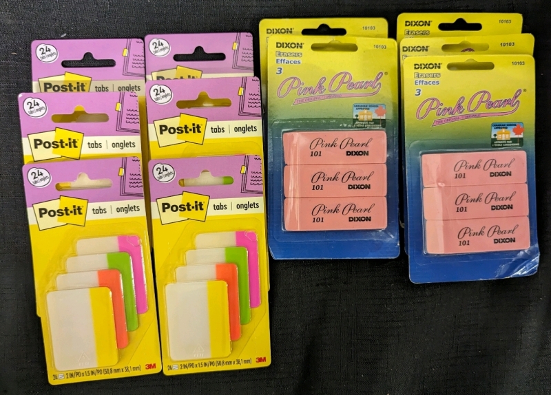 15 New Dixon Pink Pearl Erasers (2.5" long) and 144 New 3M Post-It Tabs.