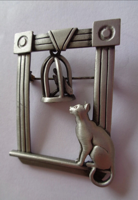 JJ Jonette Cat Picture Window Articulated Bird Cage Brooch