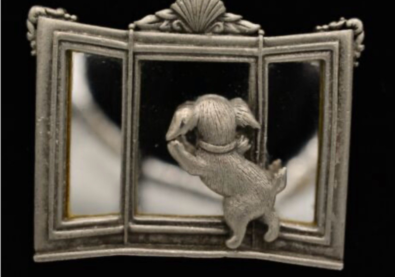 Vintage JJ Jonette Adorable Little Puppy Looking at Himself in the Mirror Brooch