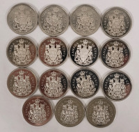 1981 - 1995 Canadian Proof 50 Cent Half Dollar Coins . One (1) for Each Year . 15 Coins Uncirculated , Loose