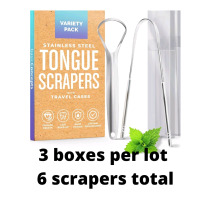 3 New Packs of Stainless Steel Tongue Scrapers - Each Pack Includes 2 Scrapers with Case (6 total)