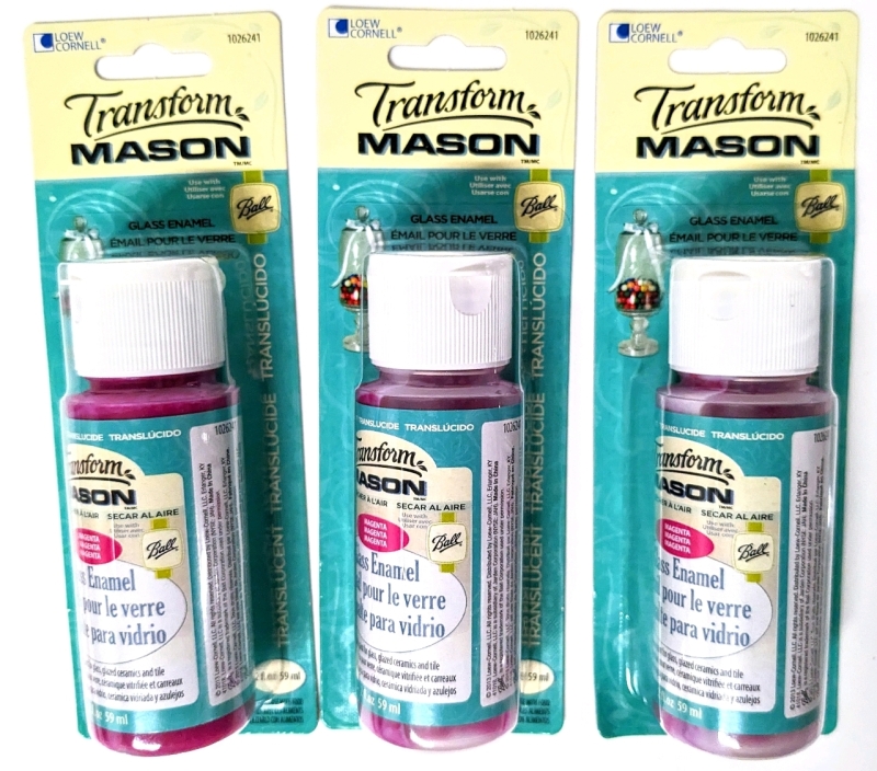 3 New TRANSFORM MASON Translucent MAGENTA Enamel Glass Paint for Glass, Glazed Ceramics & Most Smooth Surfaces (59ml ea)