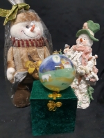 3 Christmas Decorations, 1 Vintage Tree Hung Ornament With Fancy Box, 1 Standing Snowman / Santa Made of Popcorn, 1 Standing Sparkling Snowman With Kids