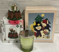 3 Piece Christmas Lot Including Fitz and Floyd Charming Tales 87/195 Snow Globe - Regal Greetings & Gifts Snowman Coasters and a Candle With Christmas Tree Topper Lid