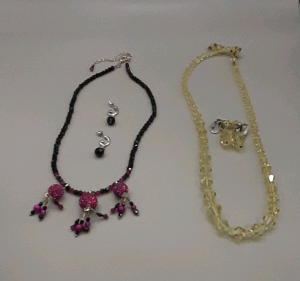 Vintage Costume Jewellery One set with a 16" Necklace and Pierced Earrings w/ Pink & Black Stones One set with a 20" Necklace & Clip on Earrings made up of Crystal Cut Beads