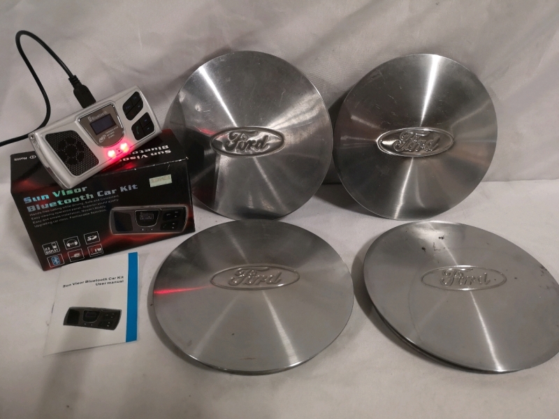 4 Ford Wheel Caps + Sun Visor Bluetooth Car Kit