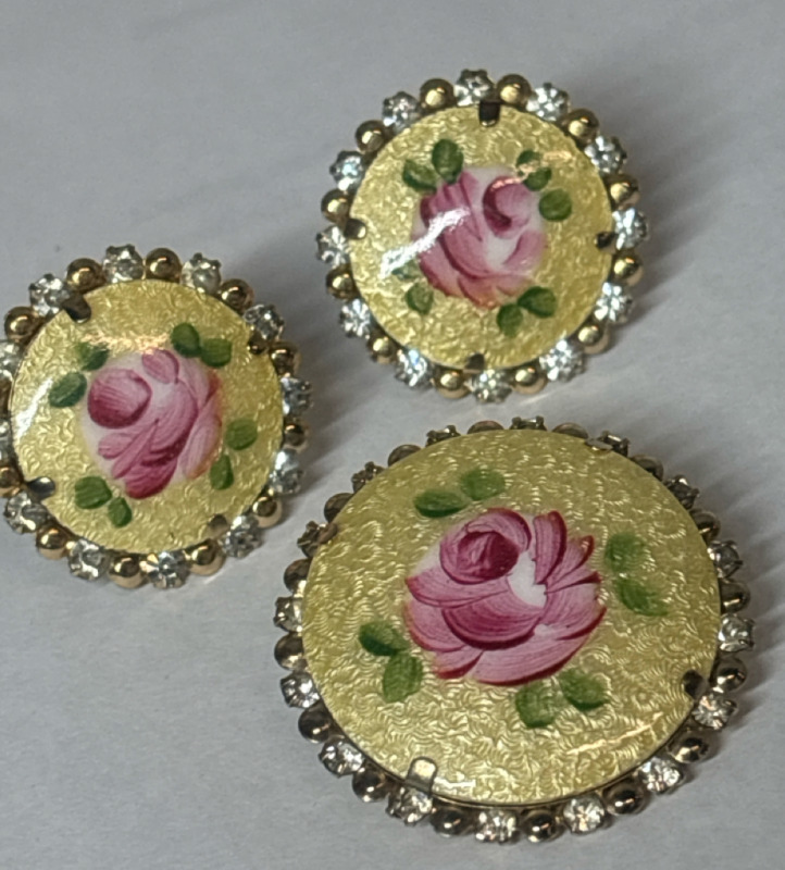 Yellow Enamel Guilloche Pink<br/>Cabbage Painted Rose<br/>Rhinestones Vintage Brooch Earrings