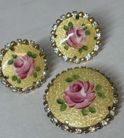 Yellow Enamel Guilloche Pink<br/>Cabbage Painted Rose<br/>Rhinestones Vintage Brooch Earrings