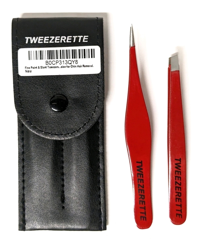 New TWEEZERETTE 2pk Professional Red Fine Point & Slanted Tweezer Set in Case