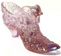 Vintage Signed Fenton | Cat Face / Puss in Boots Iridescent Pink Glass Shoe | 3" Tall