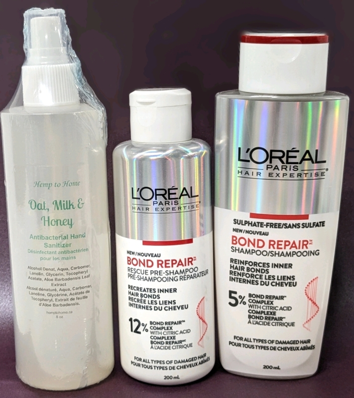 New L'Oreal Bond Repair Rescue Pre-Shampoo (200ml), Shampoo (200ml) & Hemp to Home Hand Sanitizer (8oz)