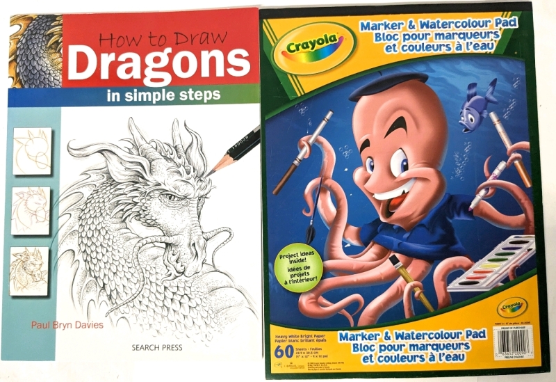 As-New | How to Dragons in Simple Steps Paperback Book & Crayola Marker & Watercolour Pad (50+ Heavy White Bright Paper Sheets 9" x 12")