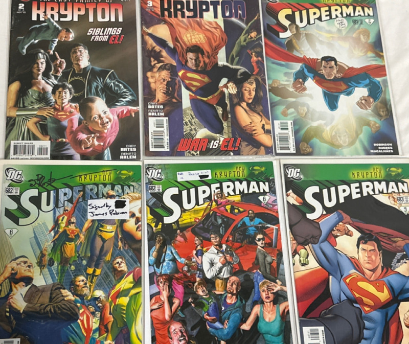 6 Superman DC Comics 2 Superman The Last Family of Krypton #2 & 3 and 4 New Krypton Superman #681, 682 Signed by James Robinson and Varient & 683 Bagged and Boarded