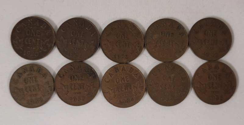 1920 - 1936 Canadian King George V Penny Lot , 10 Coins