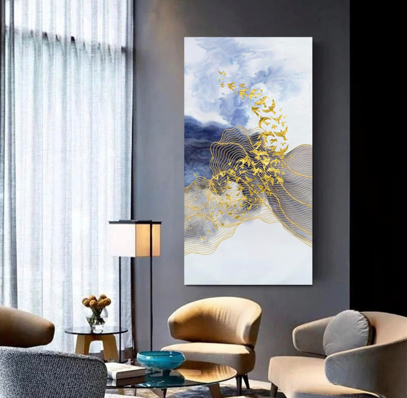 As New Office Wall Art Canvas Abstract Ocean Art Paintings Golden Birds Flying in Blue Sea Modern Wall Decor Artwork for Living Room Bedroom Kitchen Canvas Prints Framed 30”x 60”(75x150cm)