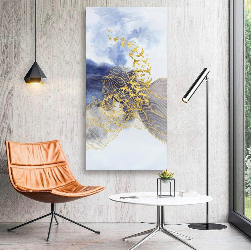 As New Office Wall Art Canvas Abstract Ocean Art Paintings Golden Birds Flying in Blue Sea Modern Wall Decor Artwork for Living Room Bedroom Kitchen Canvas Prints Framed 30”x 60”(75x150cm)