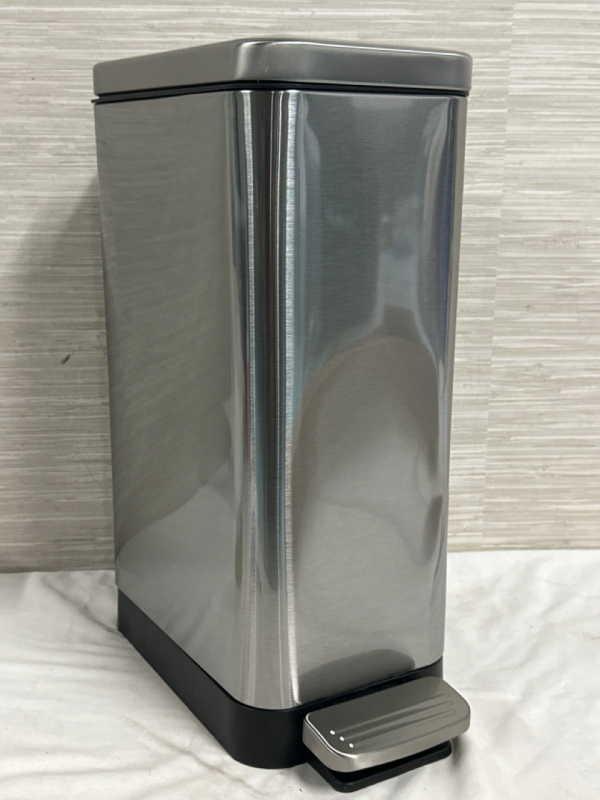 New Dented Stainless Steel Soft Close Trash Can With Removable Basket Approximately 11&rdquo; x 7&rdquo; x 16&rdquo; Dented On The Side Still Works Great