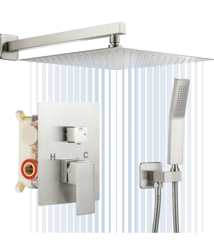 New NERDON Shower System, 12 Inch Brushed Nickel Luxury Rain Shower Head with Handheld Combo Set, Wall Mounted High Pressure Dual Shower Head System, Bathroom Shower Faucet set with Valve Body and Trim