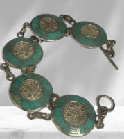 Beautiful Sterling Turquoise Inlay Aztec Bracelet with Toggle Stamped 925