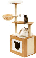 New Made 4 Pets Modern Wooden Ascent Cat Tower / Tree With Hammock and Litter Box Enclosure For Indoor Large Cats ( 48.3L x 42.5W x 125.1H Centimetres )