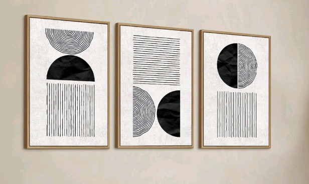 New Black and White Wall Art Wooden Canvas Set Mid Century Modern With Geometric Lines and Circles ( Measures 2ft x 3ft )