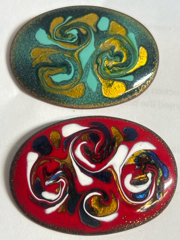 Two Signed Enamel Work on Copper Brooches Helen Byrans