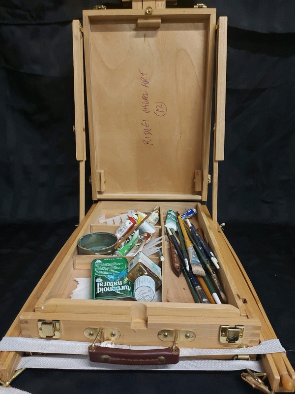 Wood Portable Painters Eisel With Paint, Brushes, Thinner, Pre Owned 13.5"x20"