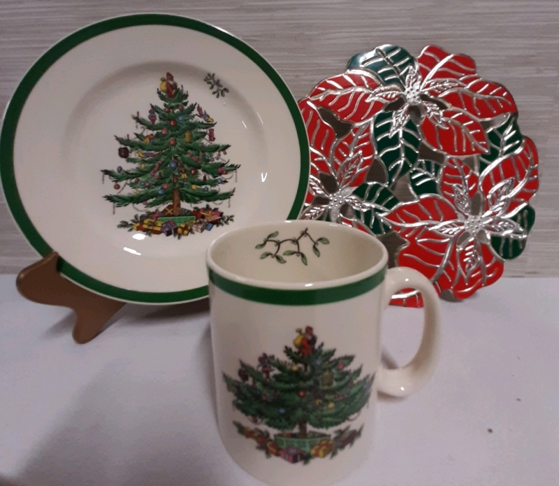 Vintage Spode Christmas Tree Mug & Side Plate with a Silverplate Pointsetta Trivet