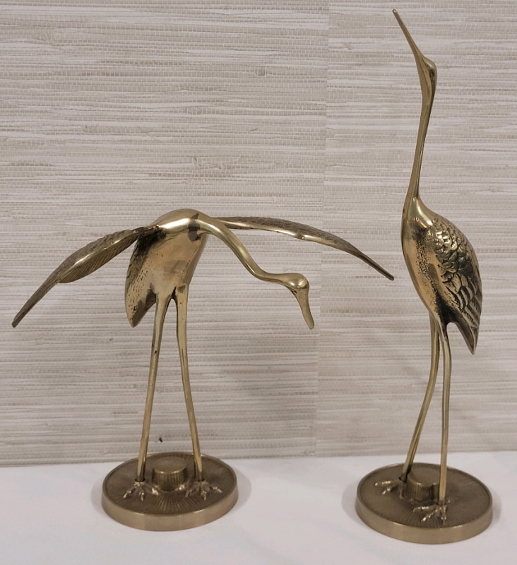 Vintage Brass CRANE Figures . Measures 7.5" & 12" Tall