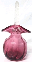 Tall Vintage Cranberry Glass Vase with Applied Glass Handle & Flower Details | 9" Tall