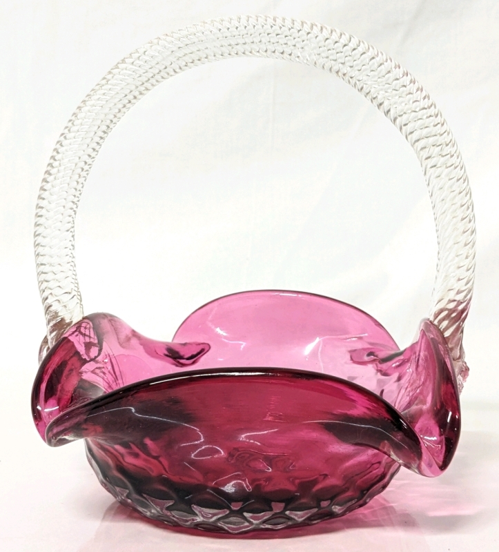 Low Vintage Cranberry Glass Basket with Applied Glass Handle & Flower Details | 6.25" Tall