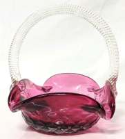 Low Vintage Cranberry Glass Basket with Applied Glass Handle & Flower Details | 6.25" Tall