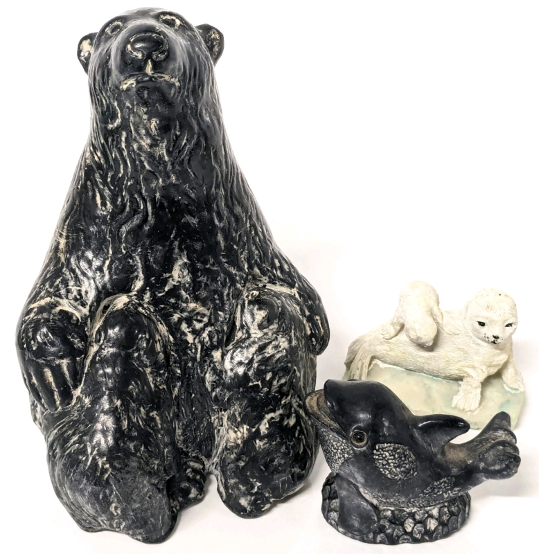 3 Vintage Resin Figures from The North : Nursing Polar Bear 6", Edmund Wolf Original Happy Orca 2.25" & Harp Seal Pups 2"