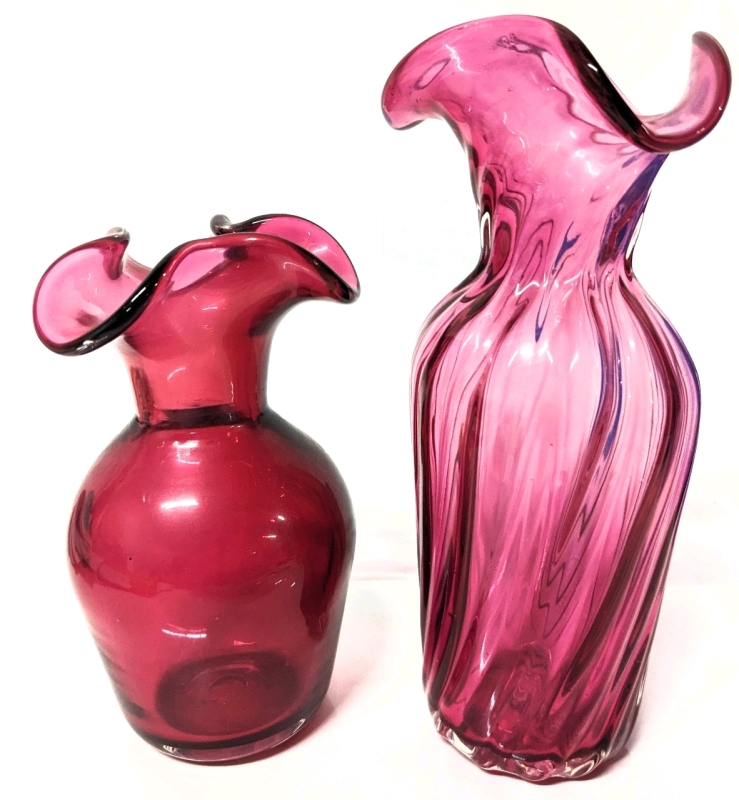 2 Vintage Unsigned Fenton Cranberry Glass Vases 5.75" - 7.5"