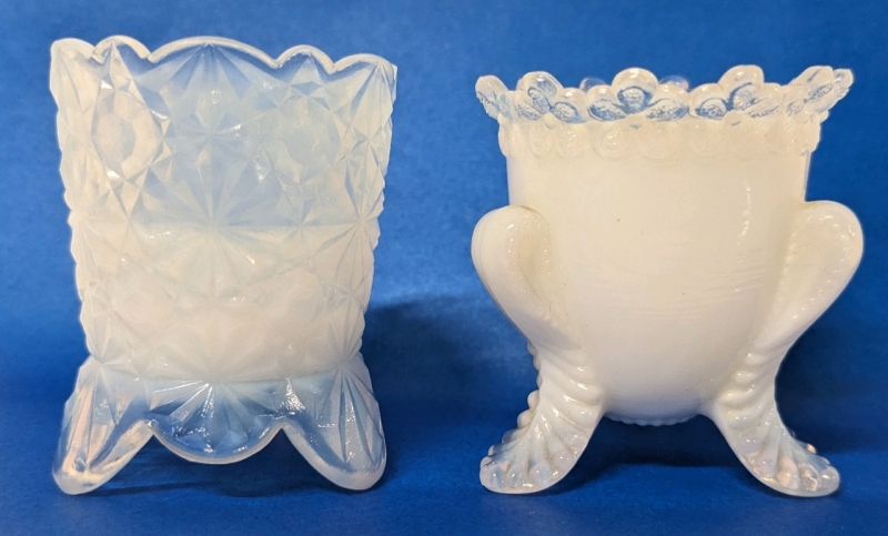 2 Vintage Opaque to Clear Milk Glass Toothpick Holders incl Signed Degenhart | 2.6" Tall ea
