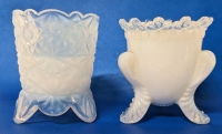 2 Vintage Opaque to Clear Milk Glass Toothpick Holders incl Signed Degenhart | 2.6" Tall ea