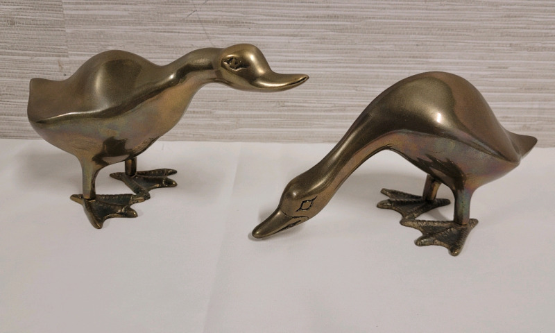 Brass Duck Figures , Pair . Measures 8" long