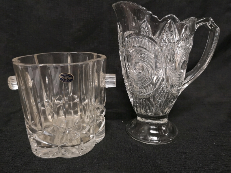 Vintage Glass Pitcher and Bohemia Crystal Ice Bucket