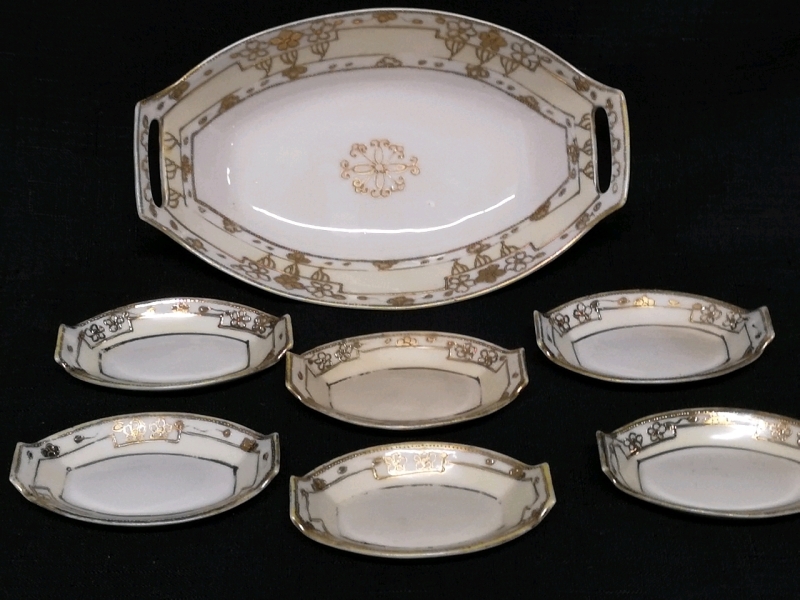 Vintage Nippon Hand-Painted Celery Dish & Salt Cellars