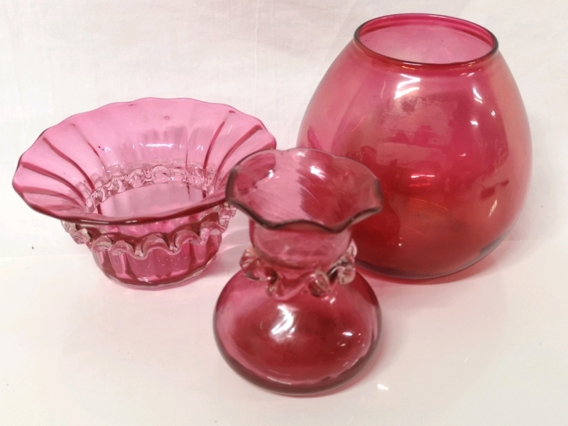 3 Vintage Cranberry Glass Vases